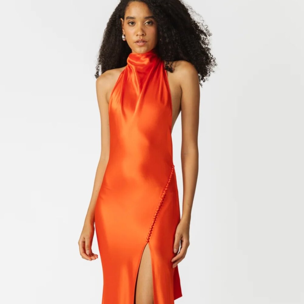 Sau Lee - Penelope Backless Bias-cut Satin  Maxi Gown Scarlet Orange - US 2